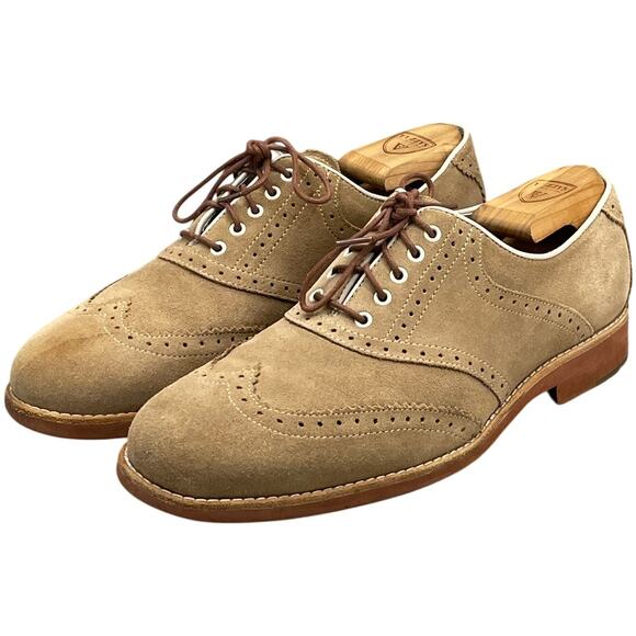 Johnston & Murphy Tan Taupe Suede Sheepskin Leather Oxford Dress Shoe Men 9M - Picture 1 of 10